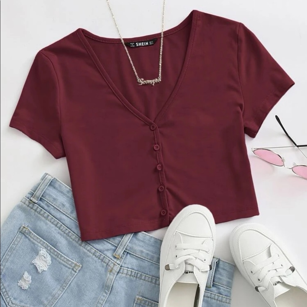 Button Up Maroon Crop Top NWOT